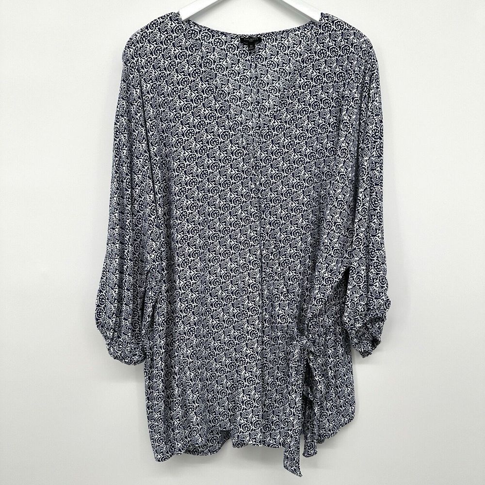 Talbot's Plus Women's Navy & White Printed Tie-Waist Blouse